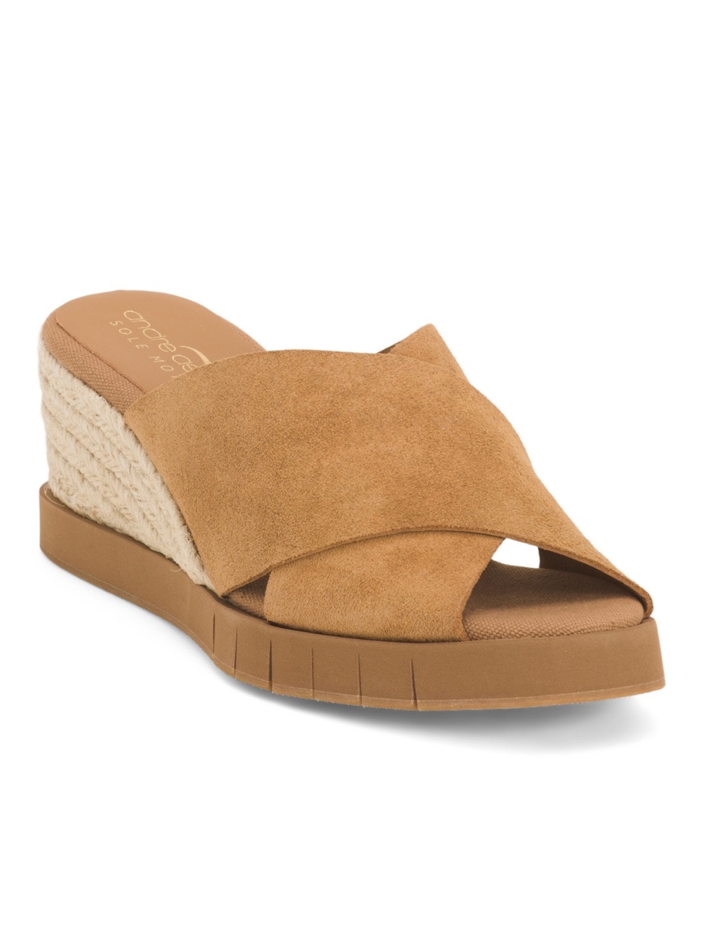Andre Assous Tan Suede Crisscross Espadrille Wedge Slide (Cross Posted)